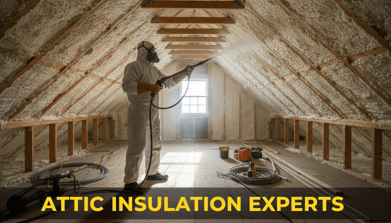 Technician in protective gear applying spray foam insulation to an attic wall