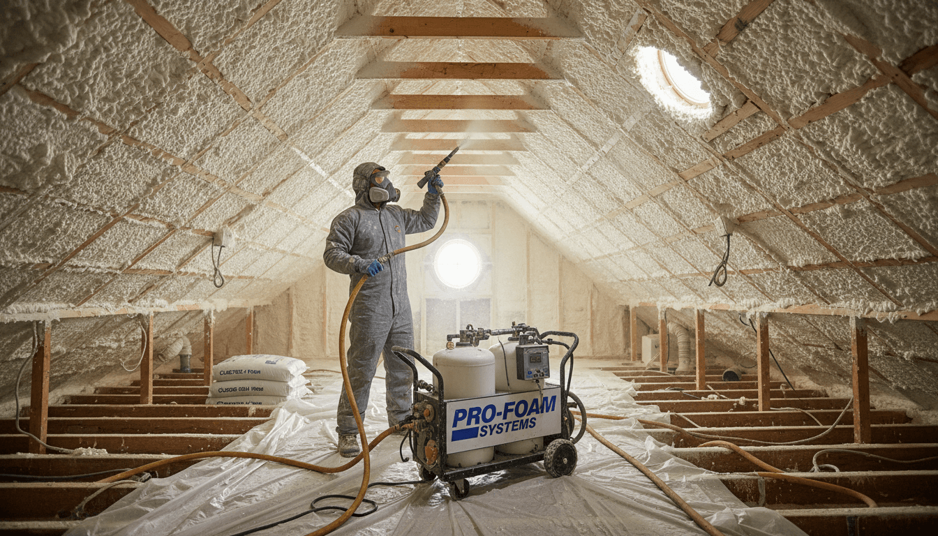 Insulation contractor applying spray foam insulation in an attic