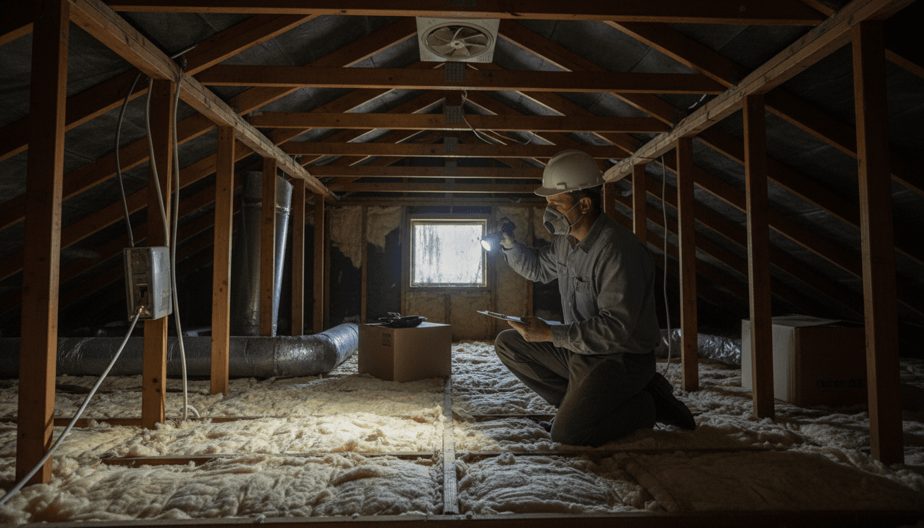 Contractor inspecting attic insulation in a residential home