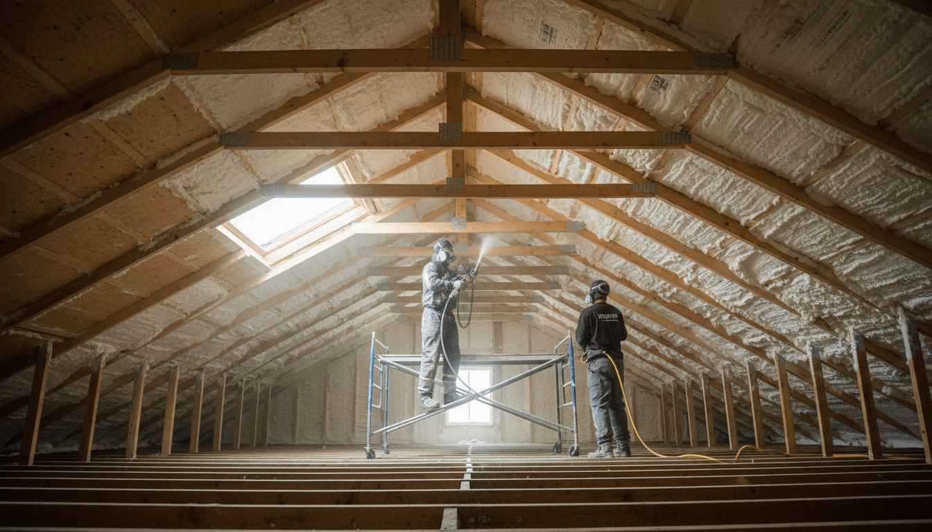 Insulation contractor applying spray foam in a home attic
