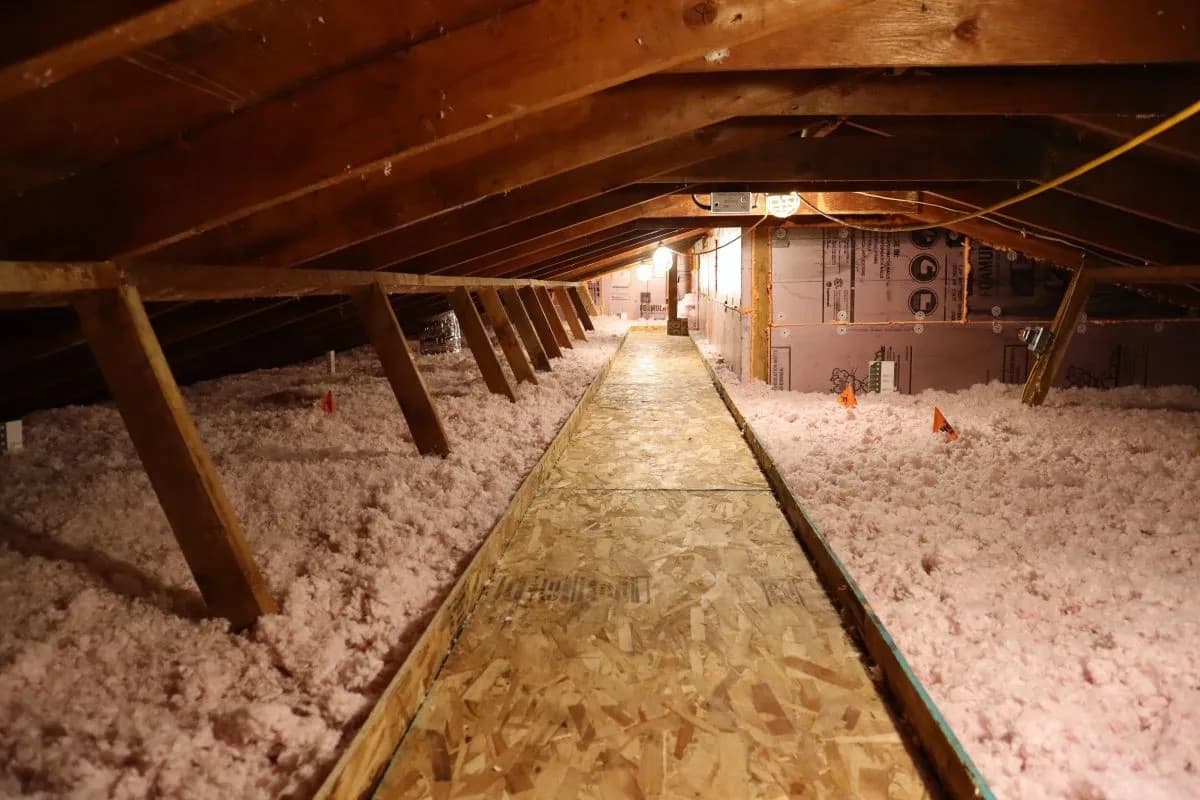 Plywood walkway through an attic filled with pink loose-fill insulation under wooden roof rafters.